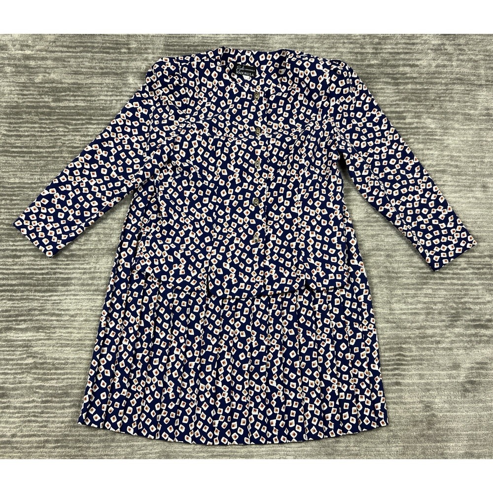 Vintage Breli Originals 2 Piece Blouse Skirt Womens 14 Blue Geometric Longsleeve